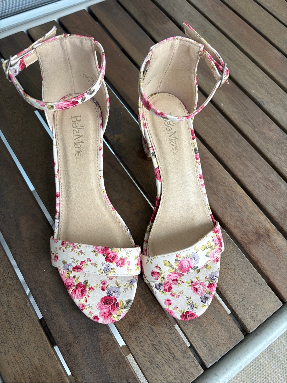 Bella Marie Floral Ankle-Strap Sandals in White/Pink 2 inch heel